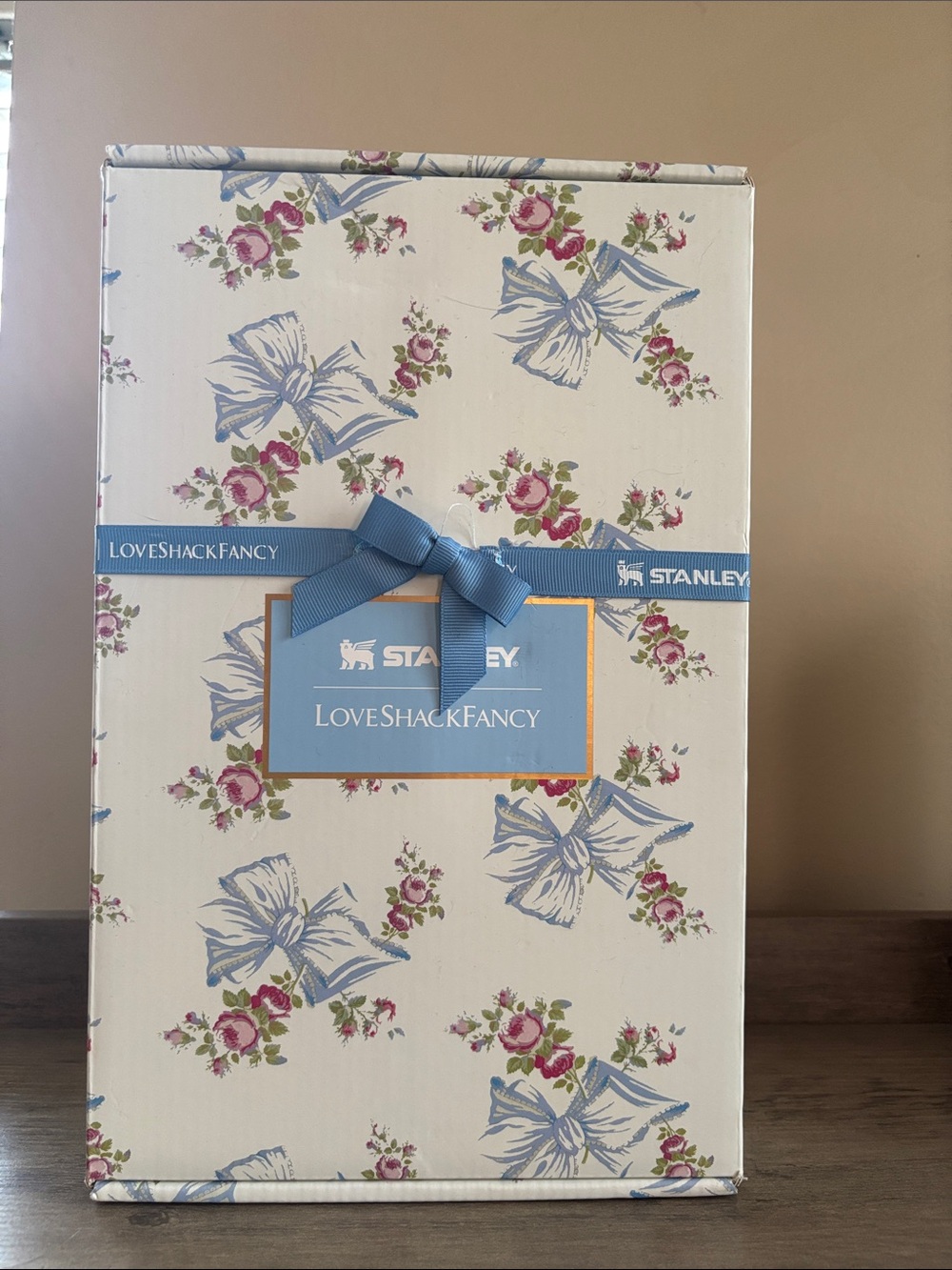 LoveShackFancy Cream Box with Blue Ribbon and Pink Rose Print